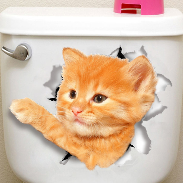 3D Cats Wall Sticker Toilet Stickers Hole View Vivid Dogs Bathroom Room Decoration Animal Vinyl Decals Art Sticker Wall Poster