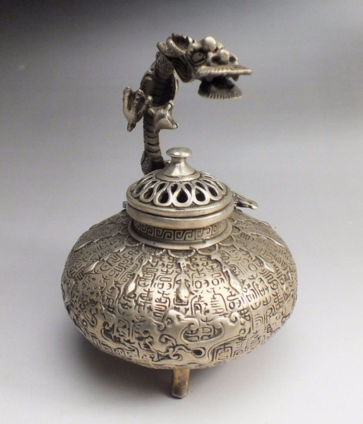 Wholesale Cheap SUPERB COLLECTIBLES CHINESE BUDDHIST TIBET SILVER CARVED DRAGON INCENSE BURNER