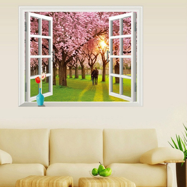 pink color couple lover Cherry Blossom tree 3D window view wall stickers wall decal landscape scenery home decor wedding mural