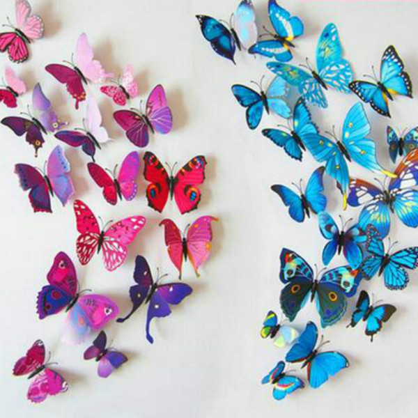 12Pcs/Lot DIY PVC 3D Butterfly Fridge Magnets Wall Stickers Adhesive Poster Bathroom Kitchen Decals Kids Room Home Decoration Free shipping