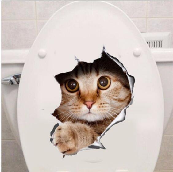 2017 New 3D broken wall kitten dog wall post toilet stickers