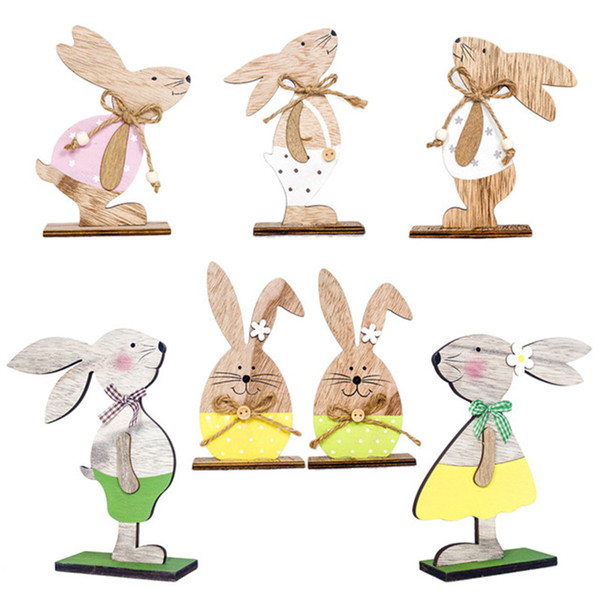 Cute bunny Easter Decorations Wood Easter Rabbit 3 Types With Easter Egg Ribbon Stand Decoration DIY Craft Ornament kids Gift