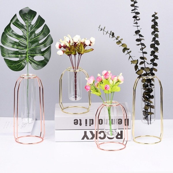 Rose gold wrought iron vase Glass test tube flower inserter Simple flower stand Home decoration Fashion home accessories.