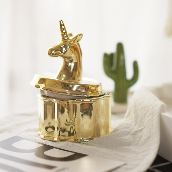 Ceramic Golden unicorn storage box romantic ring jewelry jar Lover Gift Wedding decorations Bottles for Home decor