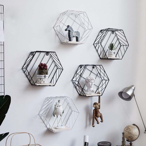 Nordic Modern Iron Hexagonal Grid Wall Shelf Combination Wall Hanging Figure Wall Decor Storage Rack For Livingroom Bedroom