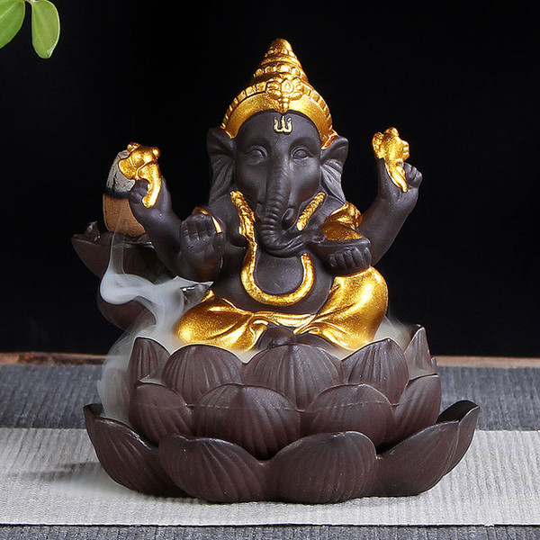 Incense Burner Ceramic Buddhism Elephant Buddha Lotus Base Waterfall Backflow Incense Burner