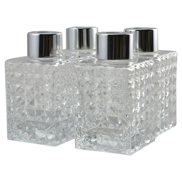 Set of 4 Square Glass Diffuser Bottles with Silver Caps, 9cm High 100ml Fragrance Accessories for Diy Replacement Reed Diffuser