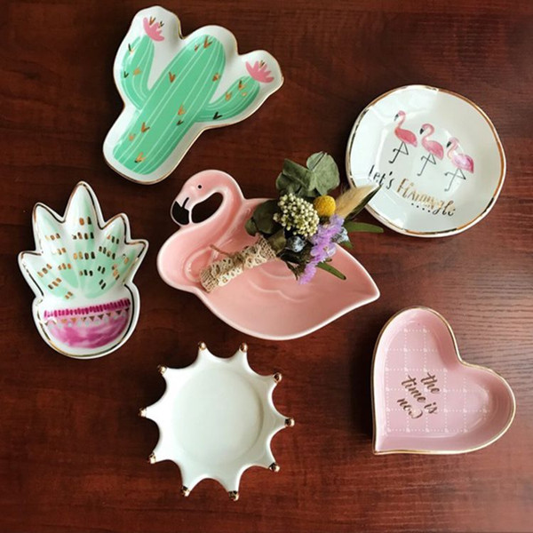 5pcs Fashion creative Ceramic decorative Plates Jewelry Tray storage plate food Dessert dishes cactus flamingo palm home decors