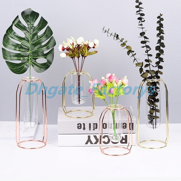 Rose gold wrought iron vase Glass test tube flower inserter Simple flower stand Home decoration Fashion home accessories.