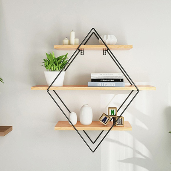 Wrought Iron Wall Unit Storage Rack Organizer Retro Wood Industrial Style Metal Wall Shelf Rack Storage Black Stand Holder 3 Layers