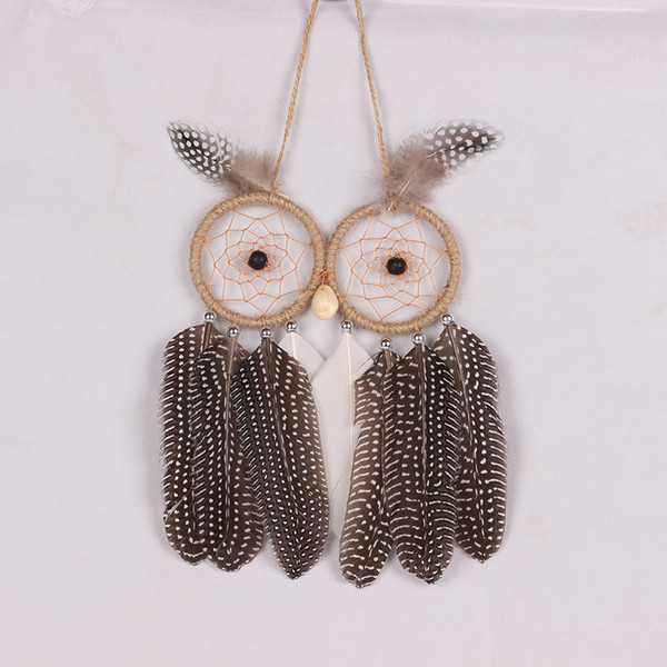 Owl Shape Double Ring Wind Chime Feather Pendant Handmade Wall Car Hanging Decorations Ornament Gift