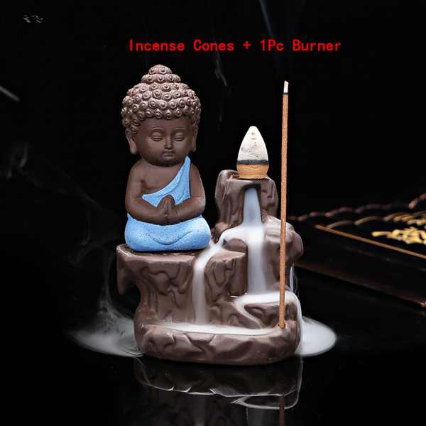 20Pcs Incense Cones + 1Pc Burner The Little Monk Small Buddha Censer Ceramic Waterfall Backflow Incense Burner Holder Home Decor