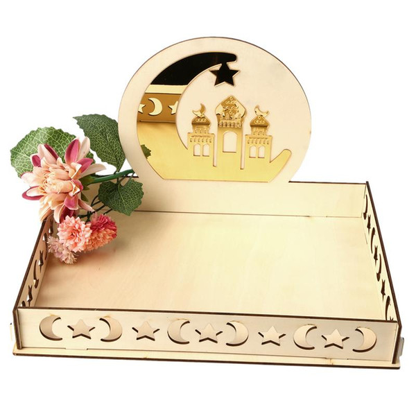 Islam Eid Ramadan Mubarak DIY Wooden Biscuit Dessert Tray Hollow Home Decorations Party Supplies Desktop Storage Box