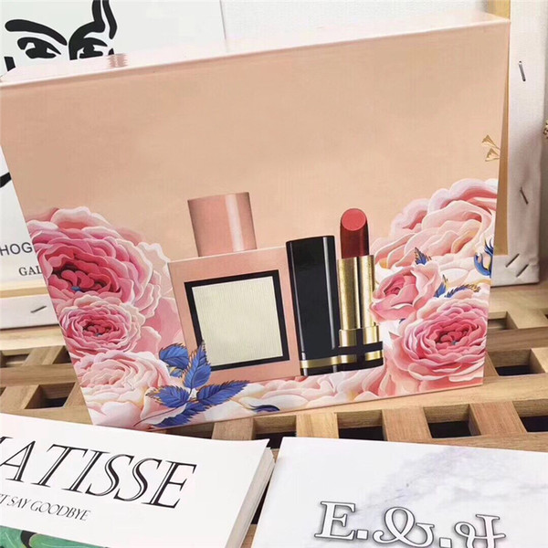 Highend brand Lipstick and perfume three piece set high quality cosmetic kit with Gift Box free shipping.