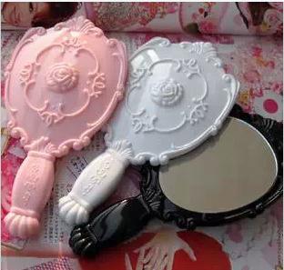 Lady Vintage Rose Cosmetic Mirror Plastic Makeup Mirror Cute Girl Hand Make Up Black White Pink