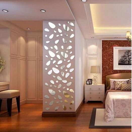 Free shipping Wholesales 12Pcs Silver DIY Pebble Shape Mirror Wall Stickers Home Wall Bedroom Decor
