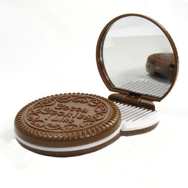 Mini Portable Cute Cocoa Chocolate Cookie Shape Cosmetic Hand Mirror Makeup With Comb Lady Girl Make Up Tool Free Shipping
