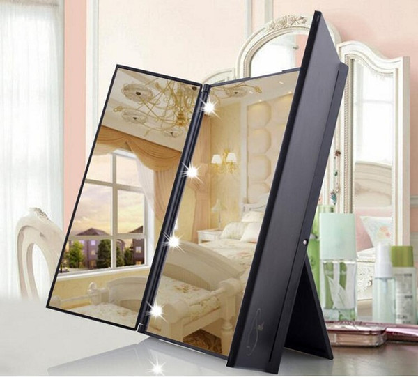 2016 Tri Folding LED Lighted Cosmetic Travel Mirror 8 Touch Screen Makeup Pocket Mirror For Beauty Makeup