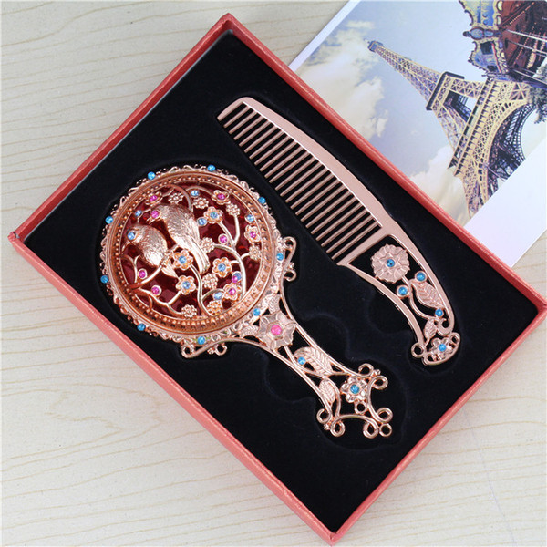 Wedding Mirror Comb Set 4 Color Exquisite Looking Glass Hollow Retro Mirror Imitation Gem Design Wholesale Mirror