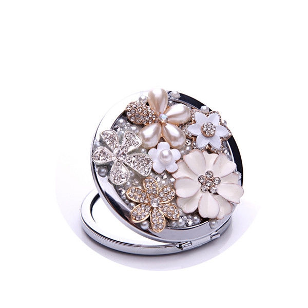 Makeup Compact Pocket Mirror Luxury Bling Crystal Flower Mirrors Wedding Gifts Party Favor