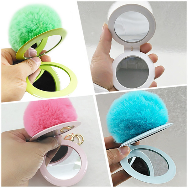 Cartoon Rabbit Fur Ball Mirror Keychain Charm PomPom Keyholder Women Ladies Makeup Mirror Wholesale Girls Gift