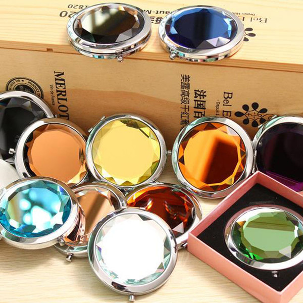 100pcs/lot 7cm folding makeup mirror Portable high-grade crystal, metal pocket mirror +Box gift cosmetic mirror Free Shipping