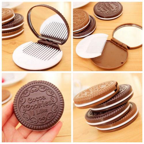 Mini Pocket Chocolate Cookie Biscuits Compact Mirror With Comb ~Cute~deep coffee color