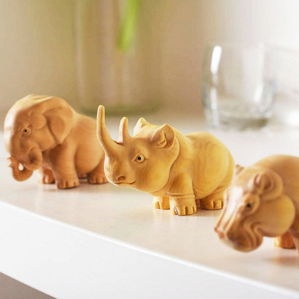 Creative Handmade Wood Carving Rhinoceros Elephant Hippo Wooden Animal Doll Crafts Gifts Home Decoration Ornaments