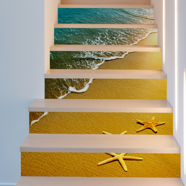 6 Pieces/Set Creative DIY 3D Stairway Stickers Seaside Beach Starfish Pattern for Room Stairs Decoration Floor Wall Sticker