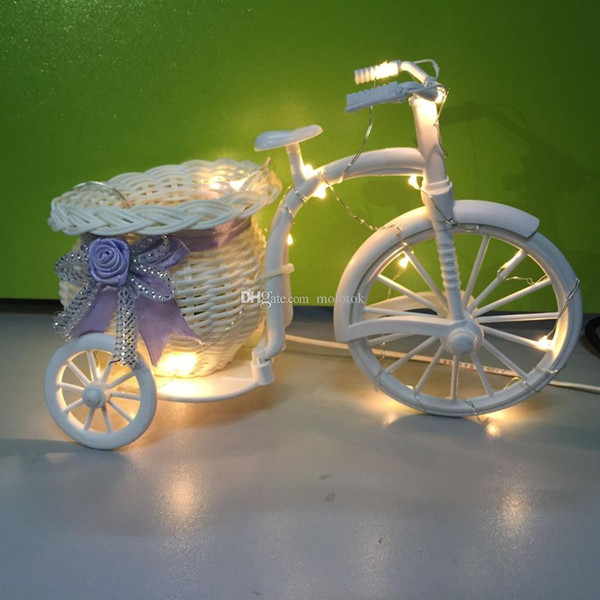 1X Handmade White Bicycle Shaped Bike with Flower Basket&Copper wire Led String light, Wedding Party Table Decoration Gift