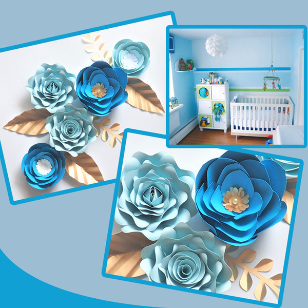Handmade Blue Rose DIY Paper Flowers Gold Leaves Set For Nursery Wall Deco Boys Room Baby Shower Backdrop Video Tutorials