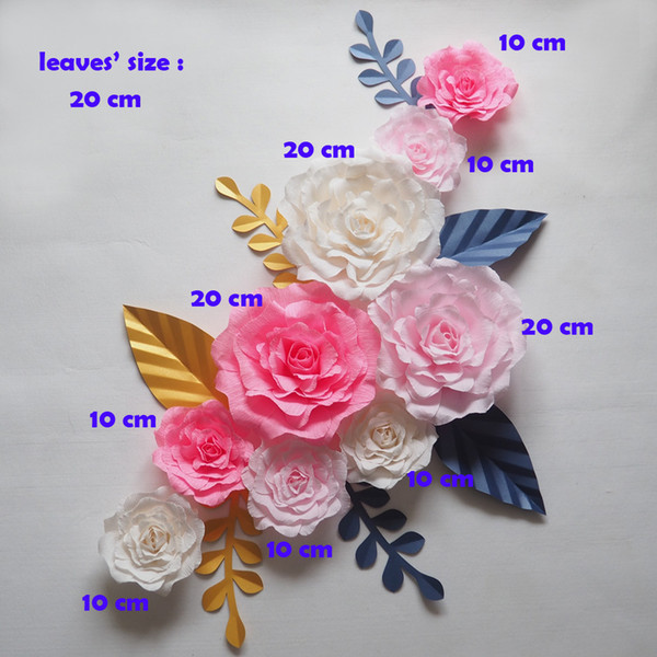 Giant Paper Flowers Backdrop Artificial Handmade Crepe Paper Rose 9PCS+Leaves 7PCS For Wedding & Party Deco Home Decoration