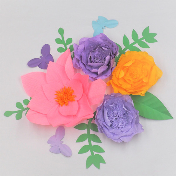 4PCS Crepe Paper Flowers Backdrop Decorations + 5PCS Leaves + 3PCS Butterflies For Wedding & Event Baby Nursery Home Decor