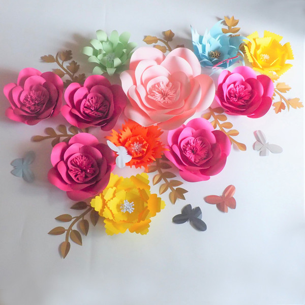 Large Artificial Handmade Paper Flowers Backdrop 11PCS+Leaves 8PCS+Butterflies 7PCS Wedding & Event Decor Baby Nursery Decorations Home Deco