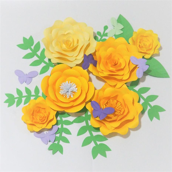 Yellow 6 Giant Paper Flowers + 6 Butterflies + 8 Leaves For Wedding Backdrop Retail Store Decorations Baby Nursery Shower