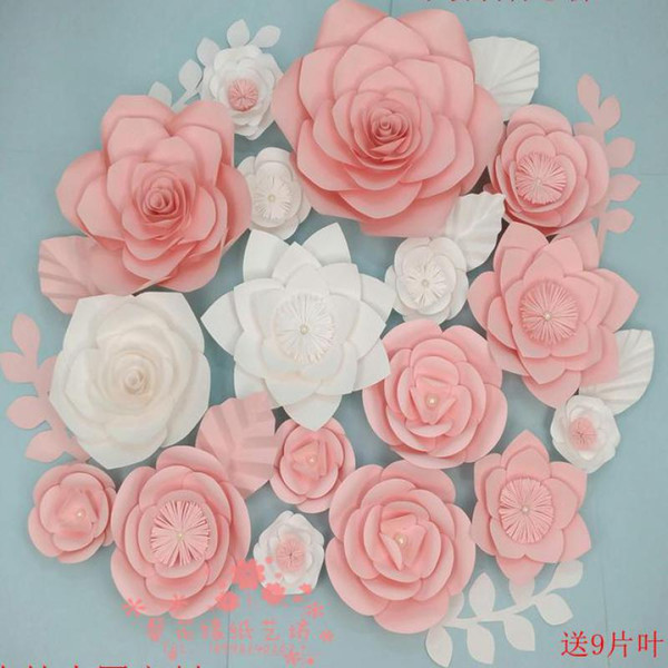 18pcs Cardboard Giant Paper Flowers with 9pcs leaves For Showcase Wedding Backdrops Props flores artificiais para decora