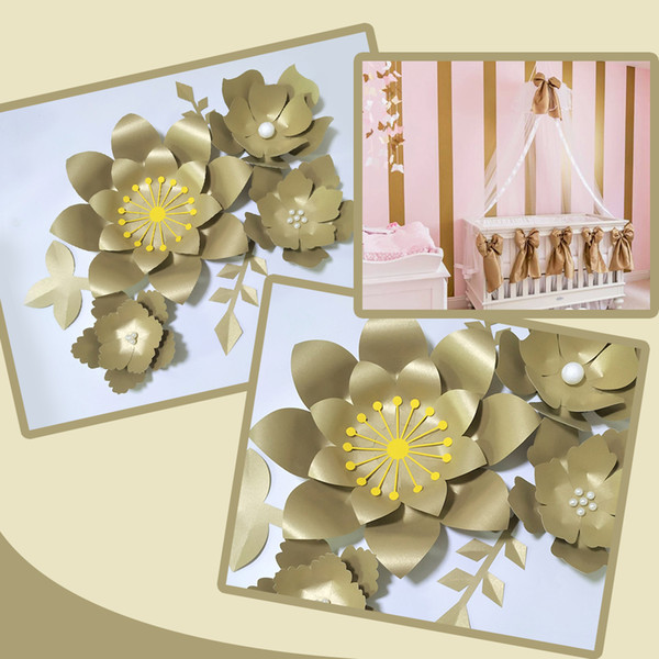 Handmade Gold Rose Flor DIY Paper Flowers Gold Leaves Set For Backdrops Decorations Nursery Wall Deco Girls Room Video Tutorials