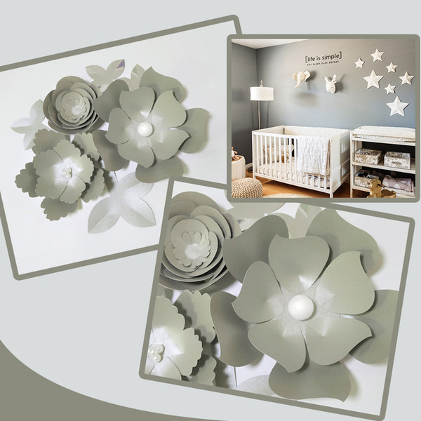 Handmade Silver Rose DIY Paper Flowers Silver Leaves Set For Party Backdrops Nursery Wall Deco Boys Room Shower Video Tutorials