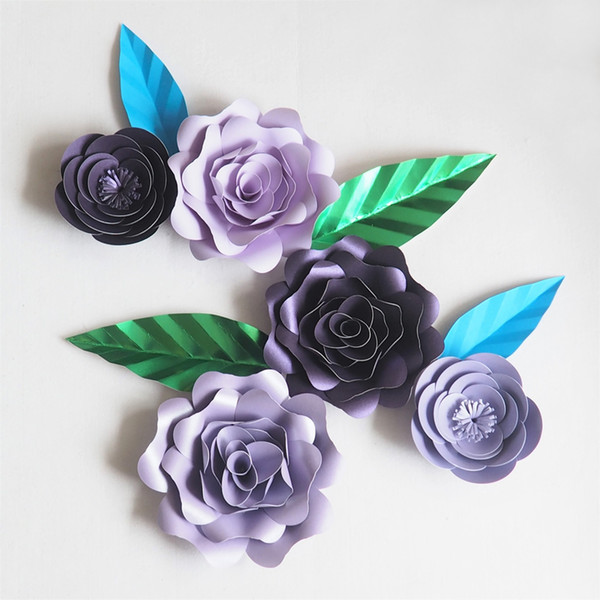 DIY Giant Paper Artificial Flowers Wedding Fleurs Artificielles Backdrop Artificial Rose 5PCS+4 Leave Party Decor Nursery Purple