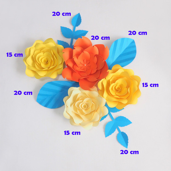 DIY Giant Paper Flowers Artificial Rose Fleurs Artificielles Backdrop 4pcs+ 4 Leave Wedding Party Decor Nursery Yellow Orange