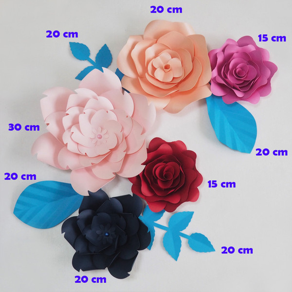 DIY Giant Paper Flowers Fleurs Artificielles Backdrop Artificial Rose 5pcs+4 Leaves Wedding Party Decor Nursery Mix Colors