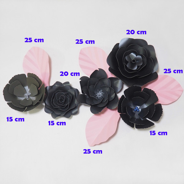 DIY Giant Paper Flowers Fleurs Artificielles Backdrop Artificial Rose 5pcs+4 Leaves Wedding Party Decor Nursery Mix Black Gray