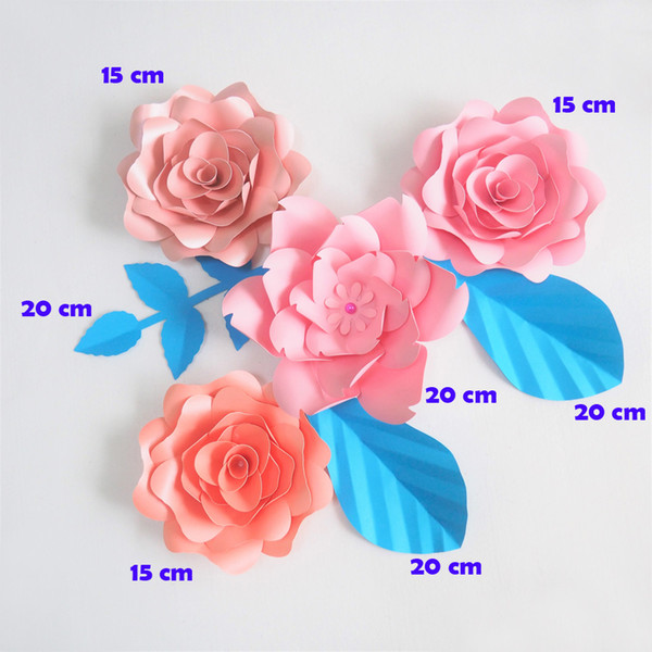 DIY Giant Paper Flowers Artificial Rose Fleurs Artificielles Backdrop 4pcs+ 3 Leave Wedding Party Decor Nursery Pink Series