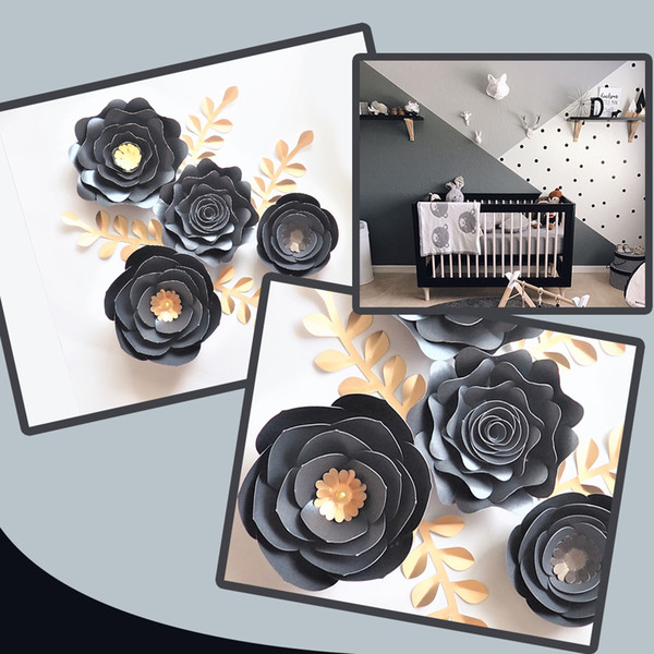 Black Gold Rose DIY Paper Flowers Leaves Set For Nursery Wall Deco Boys Room Living Room Decoration Baby Shower Video Tutorials