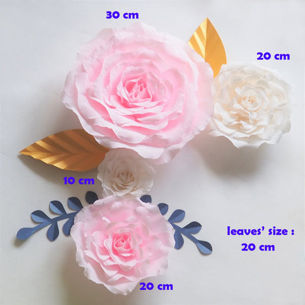 Crepe Giant Paper Flowers Backdrop Artificial Handmade Crepe Paper Rose 4PCS+Leaves 4PCS For Wedding & Party Deco Home Decoration