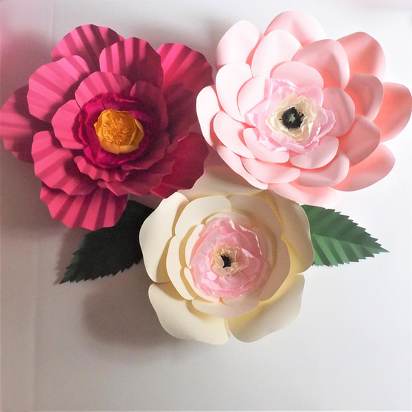 Unique Giant Cardstock Paper Flowers 3PCS(35-50cm) +Leaves 2PCS Wedding & Event Decor Baby Nursery Windows Display Decorations Home Deco