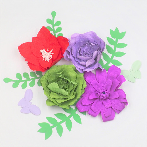 4PCS Giant Crepe Paper Flowers Backdrop 4pcs Leaves 2pcs butterflies Wedding & Event Baby Nursery Decor Windows Display Decorations Home