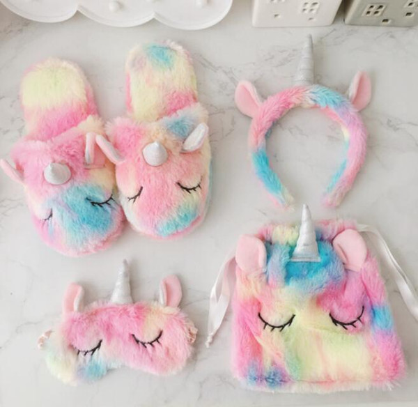 Winter Plush Slippers Hearts Ice Cream Unicorn Hair Mask Bag Unicorn Warm Indoor Shoes Girls Home Bedroom Non-slip Floor Slippers GGA1442