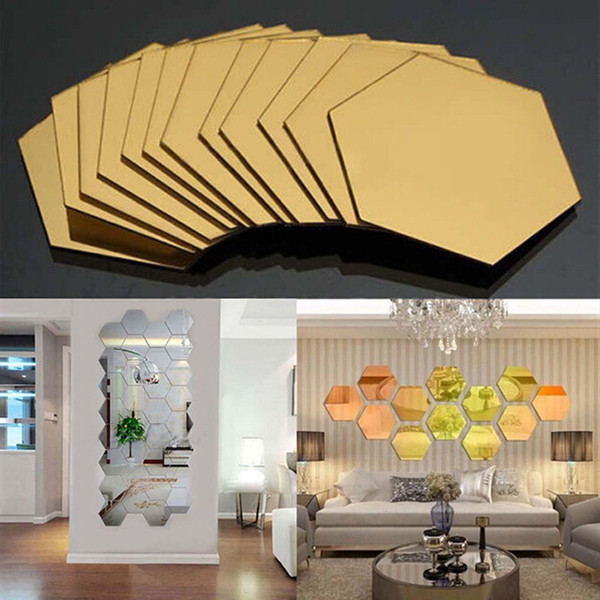 12Pcs/pack Hexagonal Mirror Removable Wall Sticker 3D Mirror Tile Decal DIY Home Room Decor QB602783