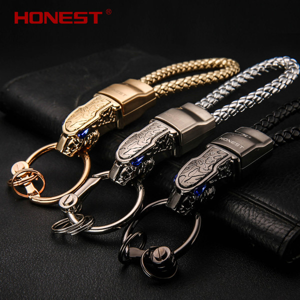 HONEST High Grade Men Key Chain Keychains Rhinestones Car Key Ring Holder Jewelry Bag Pendant Gift Genuine Leather Rope